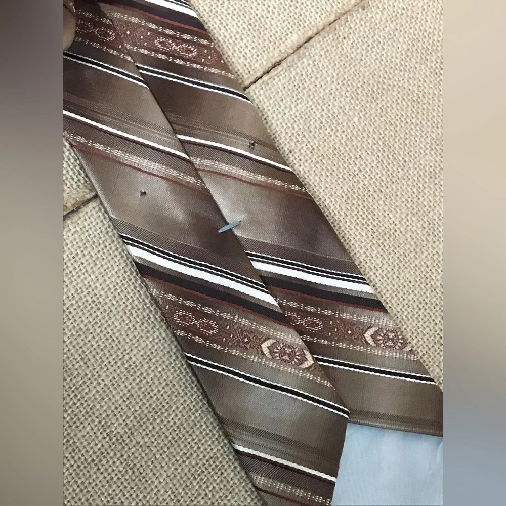 Vintage  Brown Striped Mixed Pattern Necktie Tie Cottage Core Preppy Hipster